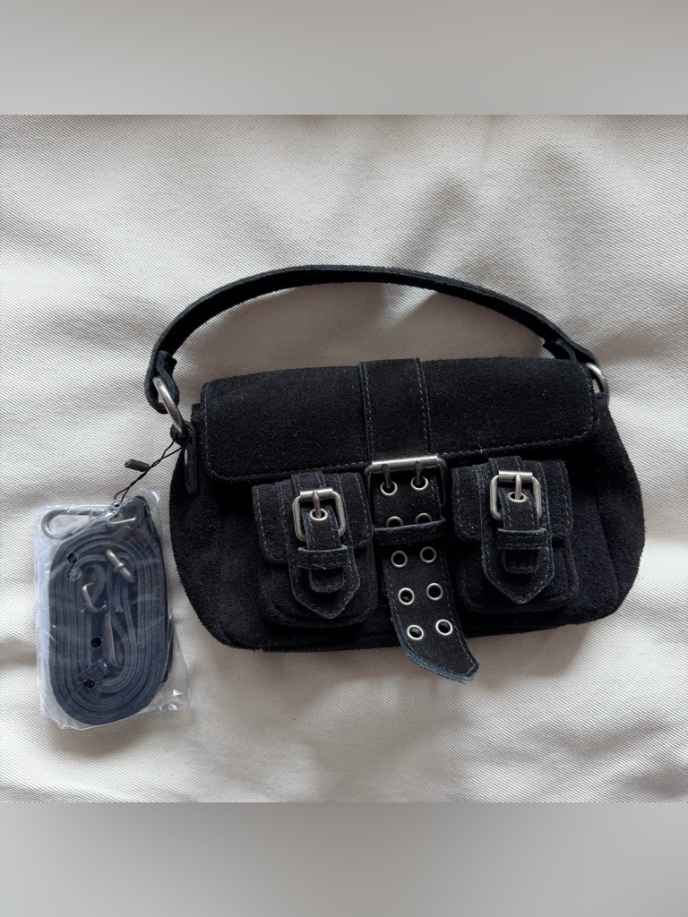 Nunoo Black Honey Suede Mini Shoulder Bag With Buckle Accents